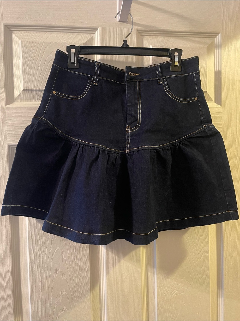 Vici Dark Blue Denim A-Line Ruffled Mini Skirt